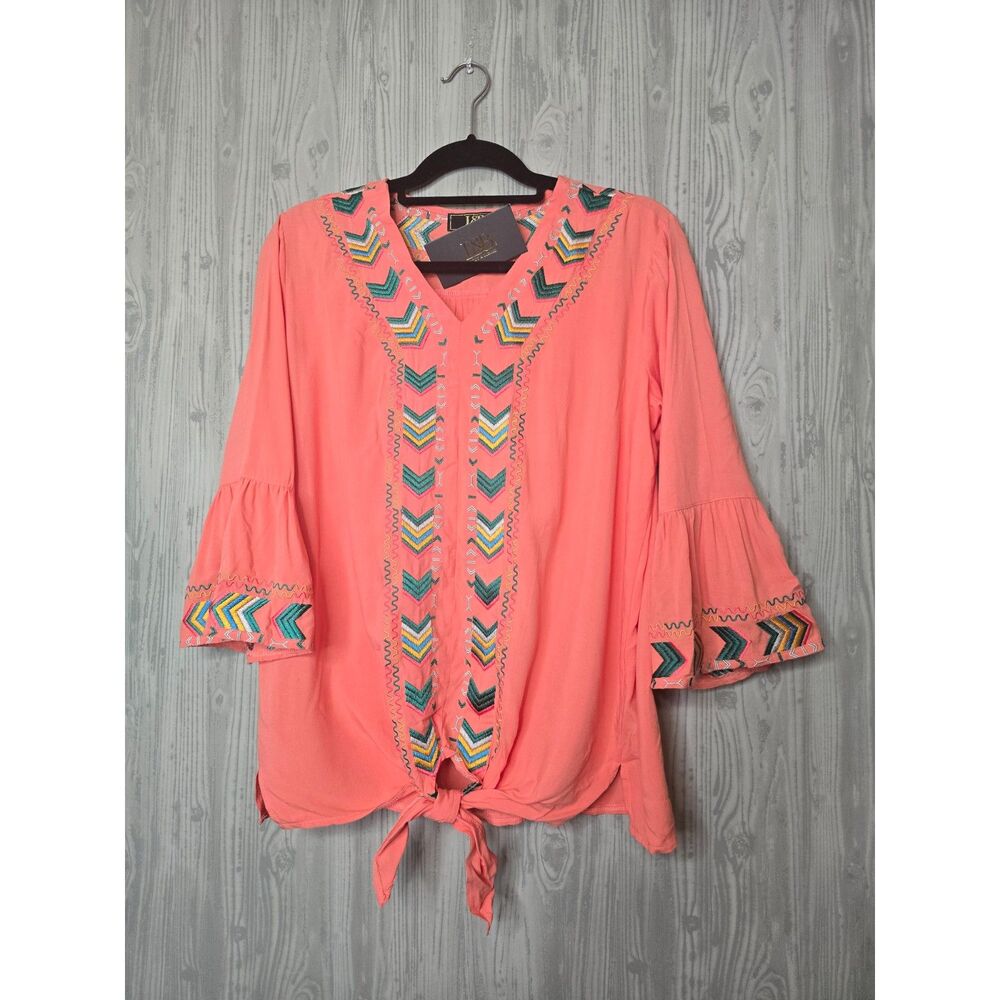 Lucky & Blessed Embroidered Boho Blouse Top Size S Coral Orange Tie Front NWT